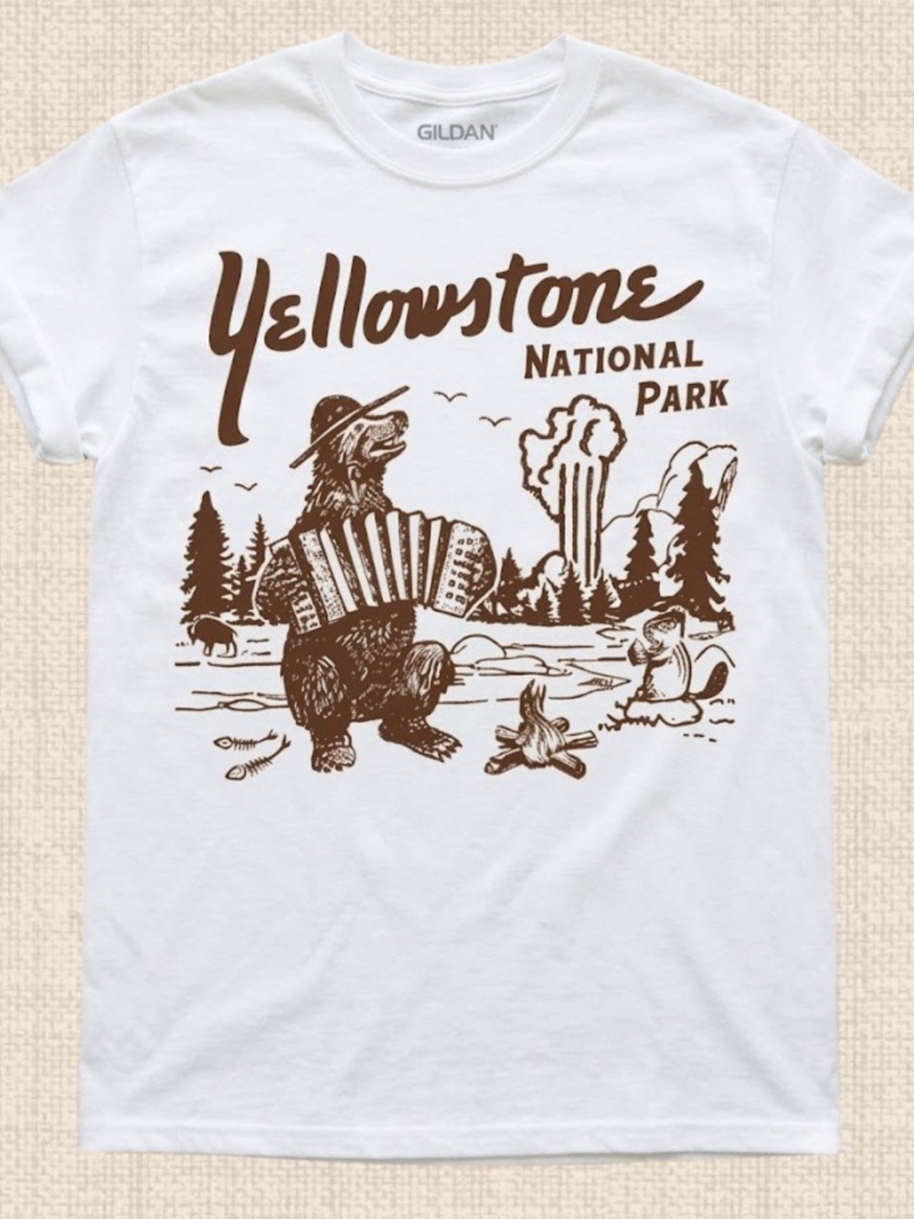 Gildan White Yellowstone Bear Graphic Tee